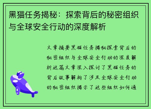 黑猫任务揭秘：探索背后的秘密组织与全球安全行动的深度解析